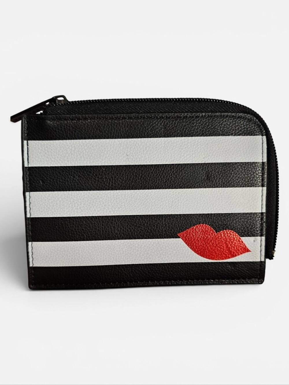 Sephora Black & White Stripe Slim Card Holder Red Lips 5.75x4